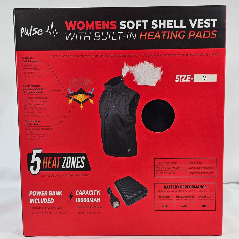 Pulse Womens‎ Soft Shell Heated Vest 5 Heat Zones Power Bank Black Medium NEW